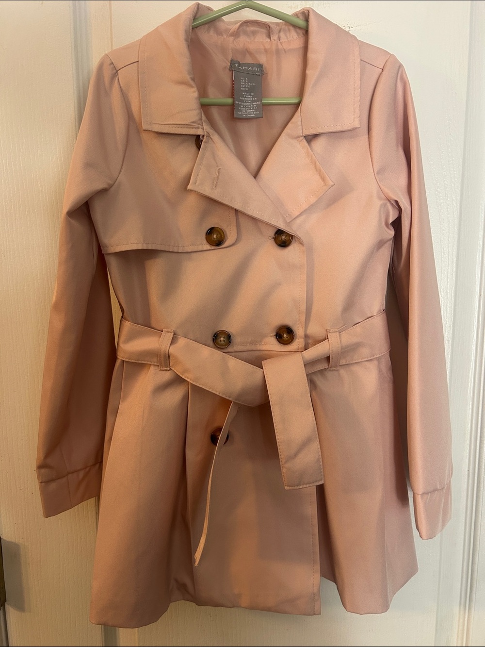 Tahari Blush Pink Double-Breasted Belted Trench Coat
